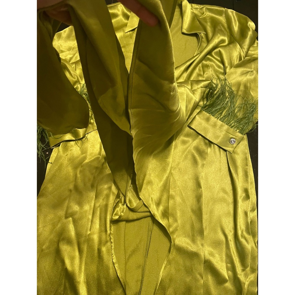 Forever Amelia Chartreuse Green Satin Wrap Maxi Dress Feather Cuff Womens 14 NEW - Picture 3 of 6